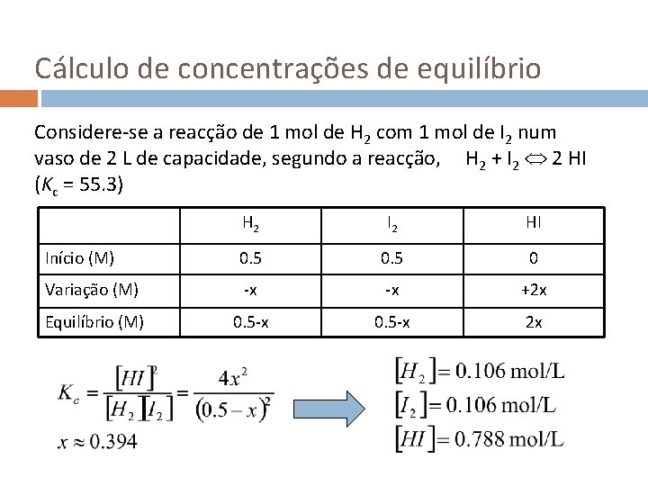 Cálculo de concentrações de equilíbrio Considere-se a reacção de 1 mol de H 2