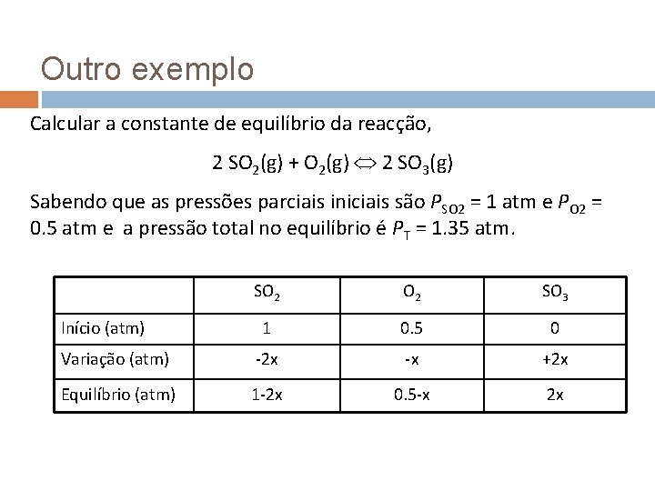 Outro exemplo Calcular a constante de equilíbrio da reacção, 2 SO 2(g) + O