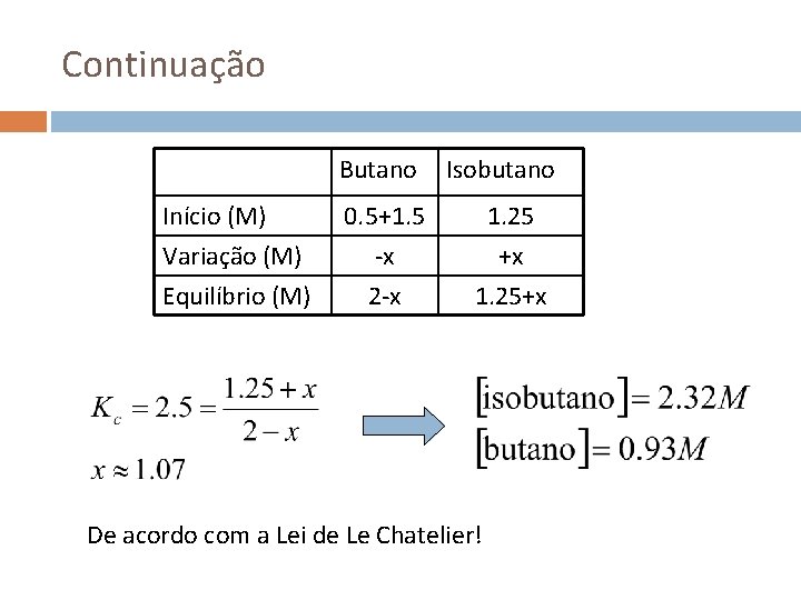 Continuação Butano Início (M) Variação (M) Equilíbrio (M) 0. 5+1. 5 -x 2 -x