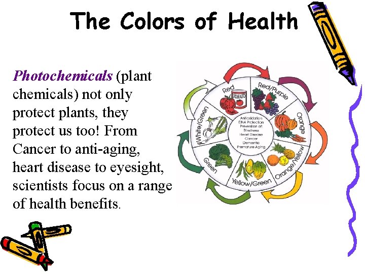The Colors of Health Photochemicals (plant chemicals) not only protect plants, they protect us