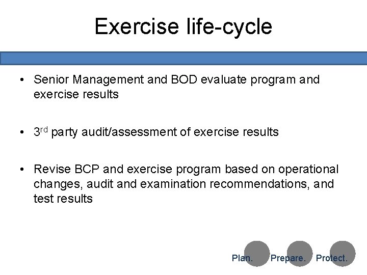 Exercise life-cycle • Senior Management and BOD evaluate program and exercise results • 3
