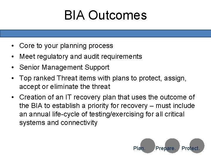 BIA Outcomes • Core to your planning process • Meet regulatory and audit requirements