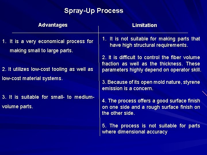 Spray-Up Process Advantages 1. It is a very economical process for making small to