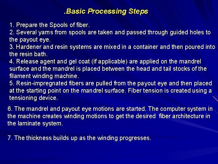 . Basic Processing Steps 1. Prepare the Spools of fiber. 2. Several yarns from