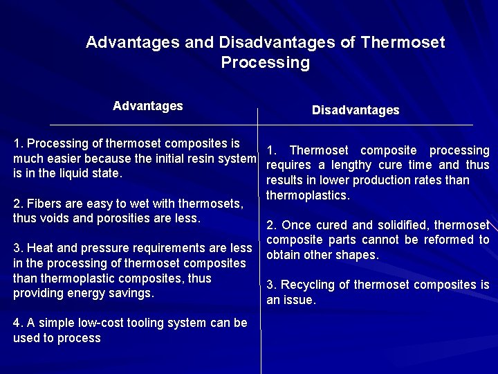 Advantages and Disadvantages of Thermoset Processing Advantages Disadvantages 1. Processing of thermoset composites is Advantages and Disadvantages of Thermoset Processing Advantages Disadvantages 1. Processing of thermoset composites is