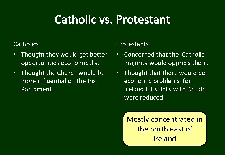 Catholic vs. Protestant Catholics Protestants • Thought they would get better opportunities economically. •