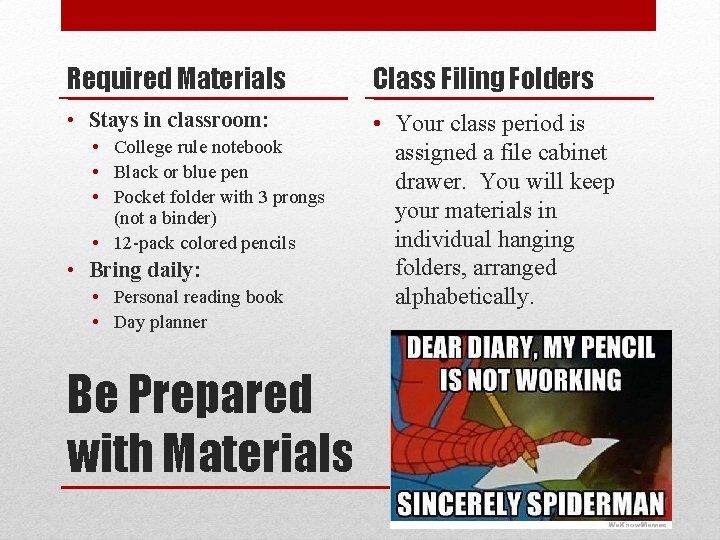 Required Materials Class Filing Folders • Stays in classroom: • Your class period is