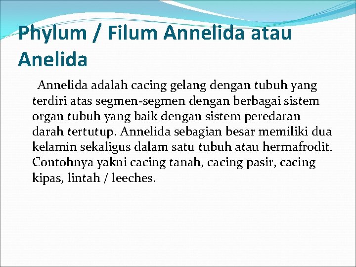 Phylum / Filum Annelida atau Anelida Annelida adalah cacing gelang dengan tubuh yang terdiri