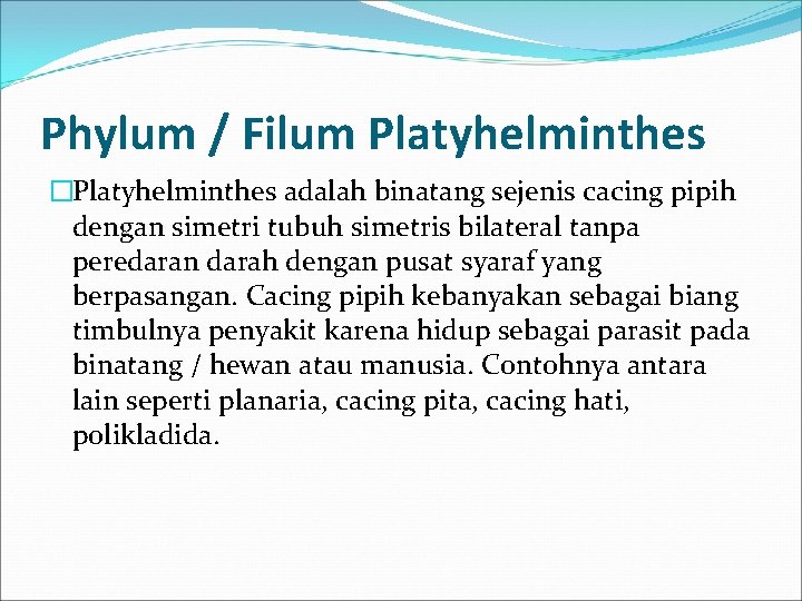 Phylum / Filum Platyhelminthes �Platyhelminthes adalah binatang sejenis cacing pipih dengan simetri tubuh simetris