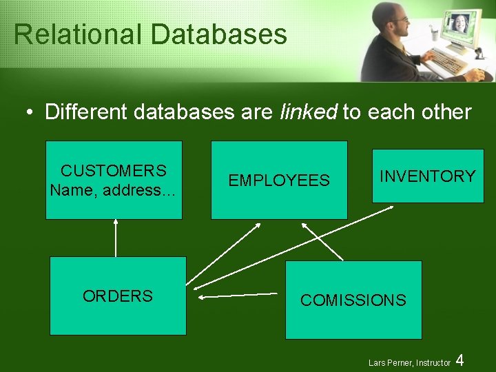 Relational Databases • Different databases are linked to each other CUSTOMERS Name, address… ORDERS Relational Databases • Different databases are linked to each other CUSTOMERS Name, address… ORDERS