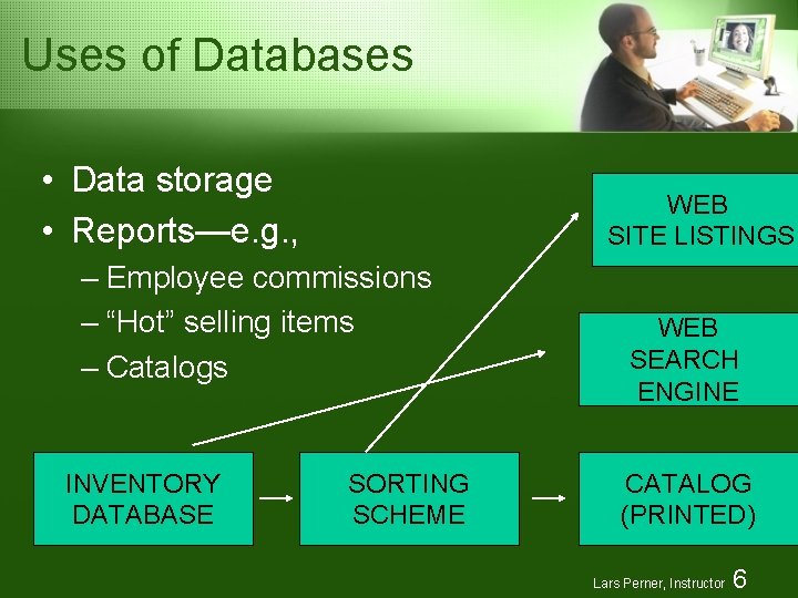 Uses of Databases • Data storage • Reports—e. g. , WEB SITE LISTINGS – Uses of Databases • Data storage • Reports—e. g. , WEB SITE LISTINGS –