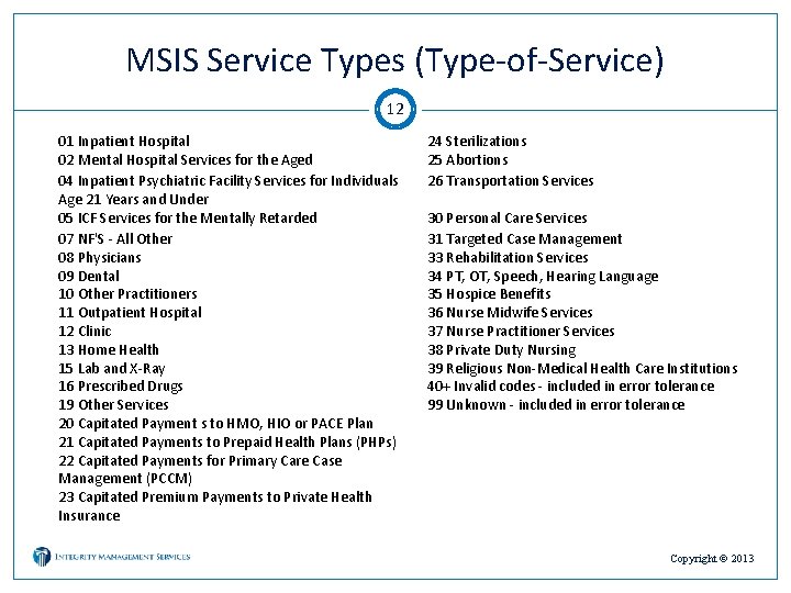 MSIS Service Types (Type-of-Service) 12 01 Inpatient Hospital 02 Mental Hospital Services for the