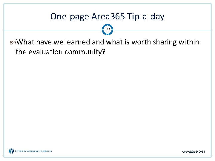 One-page Area 365 Tip-a-day 27 What have we learned and what is worth sharing