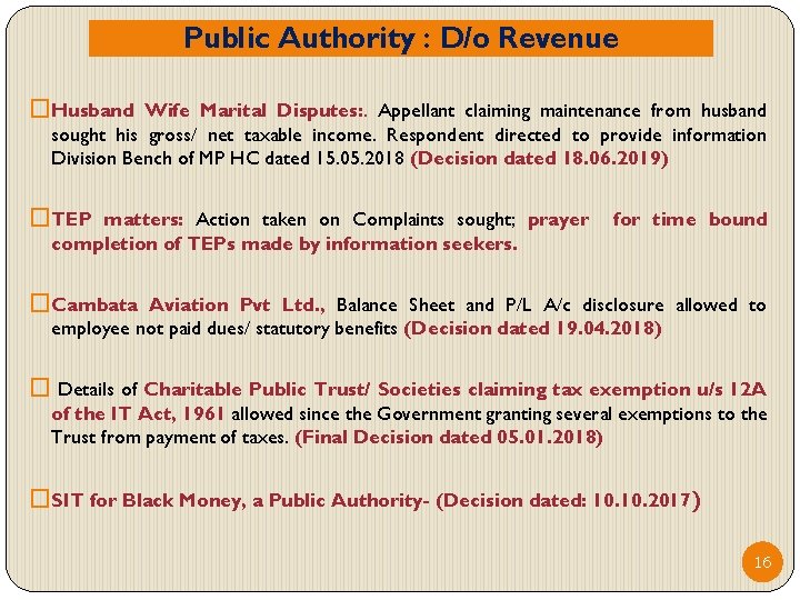 Public Authority : D/o Revenue �Husband Wife Marital Disputes: . Appellant claiming maintenance from