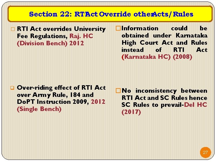 Section 22: RTIAct Override other. Acts/Rules Act overrides University Fee Regulations, Raj. HC (Division