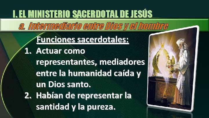 I. EL MINISTERIO SACERDOTAL DE JESÚS a. Intermediario entre Dios y el hombre Funciones