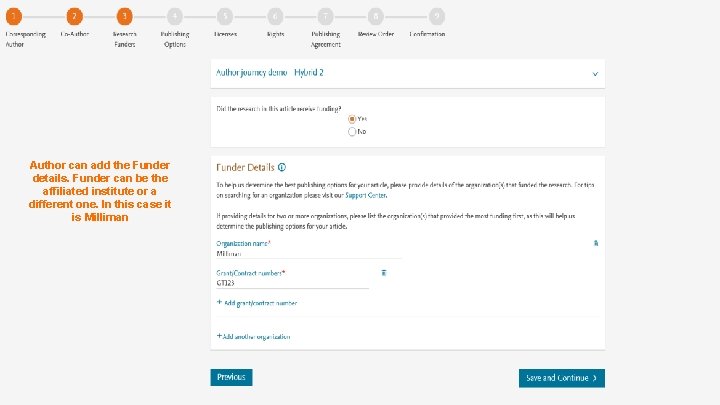 Author can add the Funder details. Funder can be the affiliated institute or a