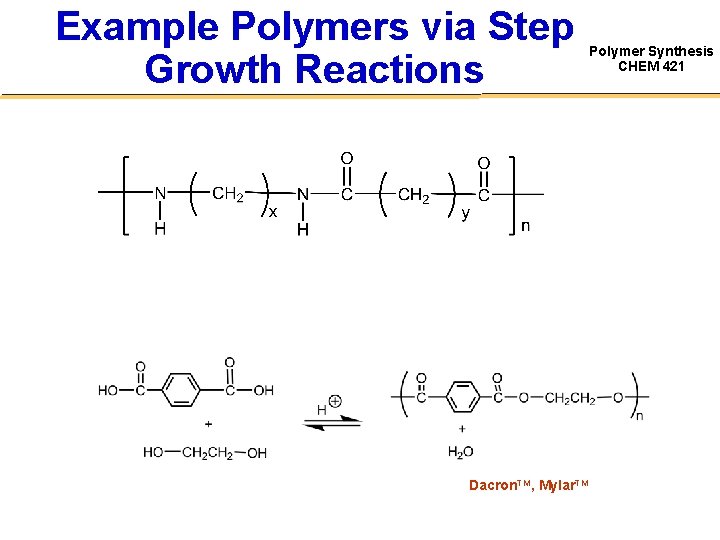 Example Polymers via Step Growth Reactions Dacron. TM, Mylar. TM Polymer Synthesis CHEM 421