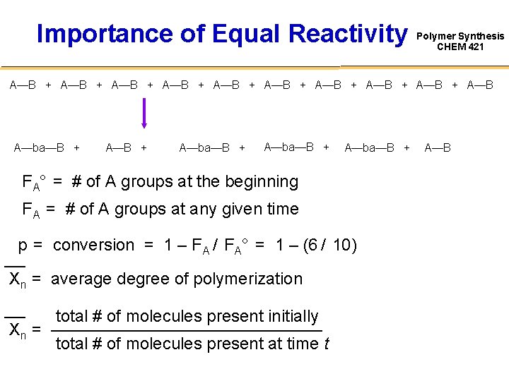 Importance of Equal Reactivity Polymer Synthesis CHEM 421 A—B + A—B + A—B +