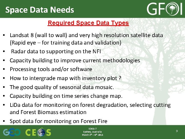 Space Data Needs Required Space Data Types • Landsat 8 (wall to wall) and