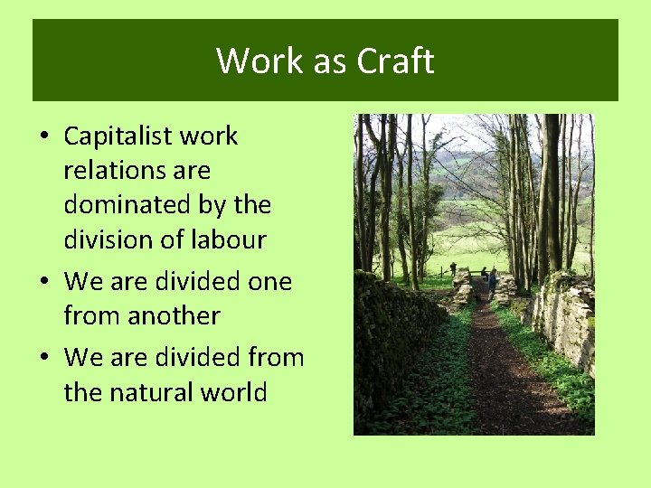 Work as Craft • Capitalist work relations are dominated by the division of labour