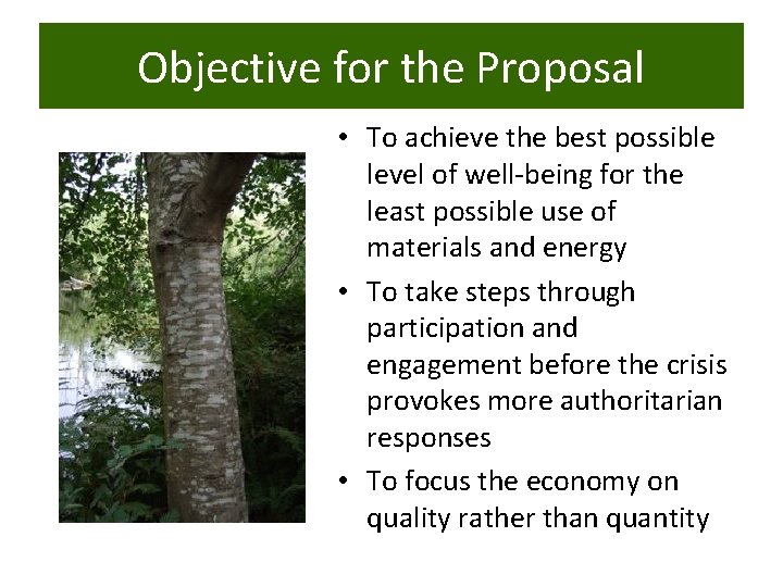 Objective for the Proposal • To achieve the best possible level of well-being for