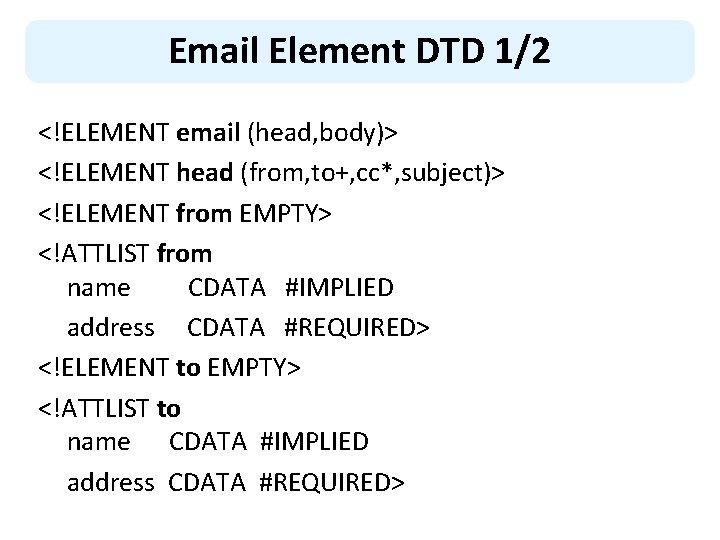 Email Element DTD 1/2 <!ELEMENT email (head, body)> <!ELEMENT head (from, to+, cc*, subject)>