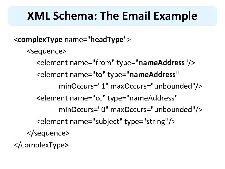 XML Schema: The Email Example <complex. Type name="head. Type"> <sequence> <element name="from" type="name. Address"/>