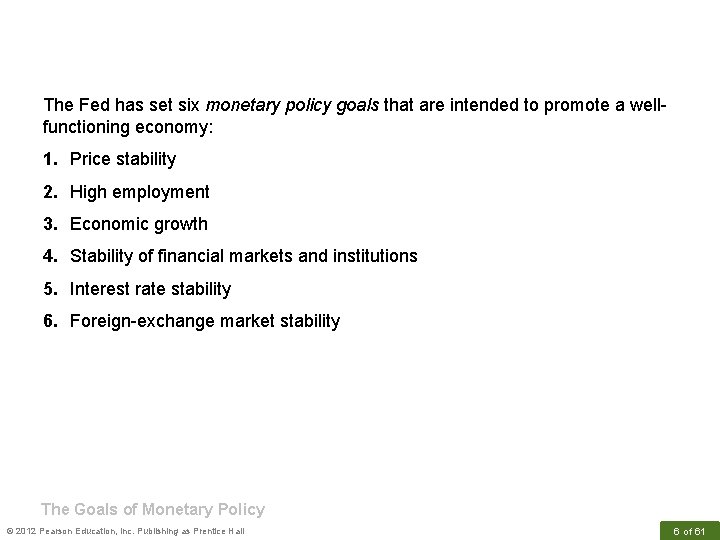 The Fed has set six monetary policy goals that are intended to promote a