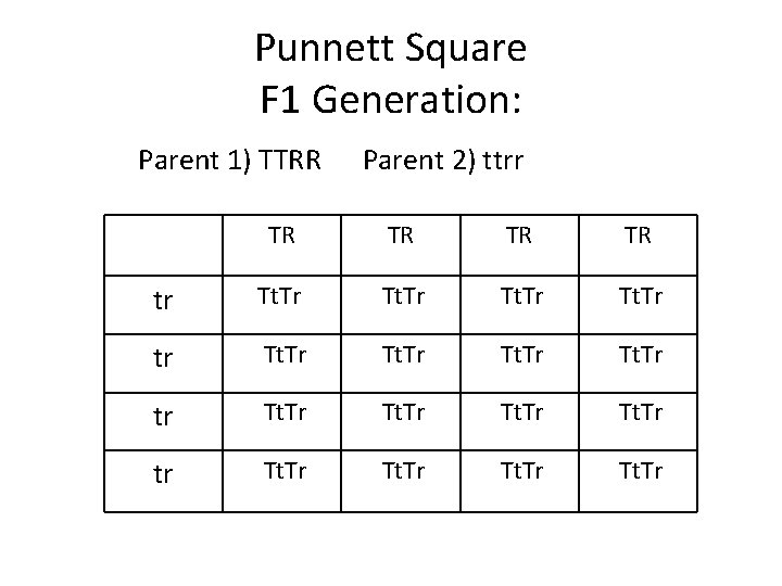 Punnett Square F 1 Generation: Parent 1) TTRR Parent 2) ttrr TR TR tr