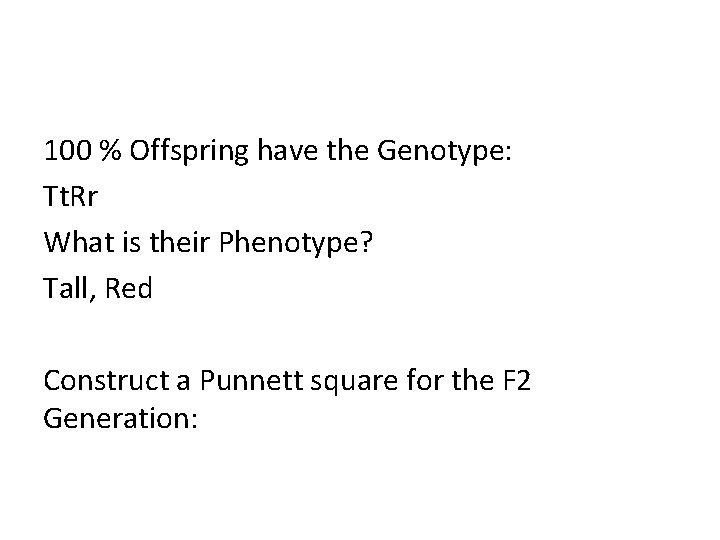 100 % Offspring have the Genotype: Tt. Rr What is their Phenotype? Tall, Red