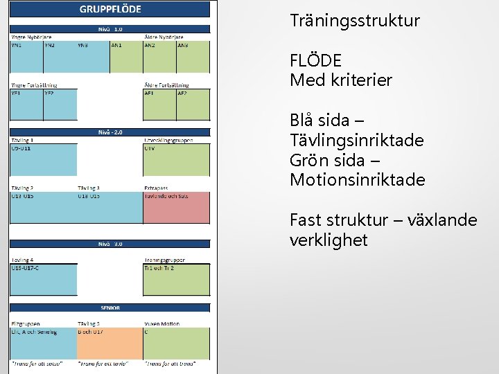 Träningsstruktur FLÖDE Med kriterier Blå sida – Tävlingsinriktade Grön sida – Motionsinriktade Fast struktur