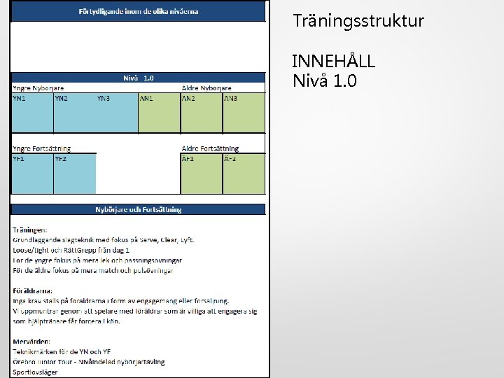 Träningsstruktur INNEHÅLL Nivå 1. 0 