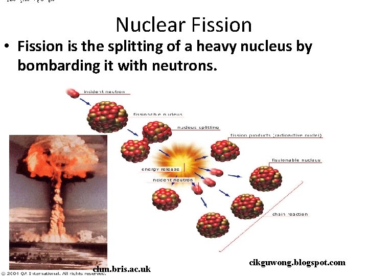 Nuclear Fission • Fission is the splitting of a heavy nucleus by bombarding it