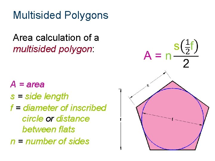 Multisided Polygons Area calculation of a multisided polygon: A = area s = side