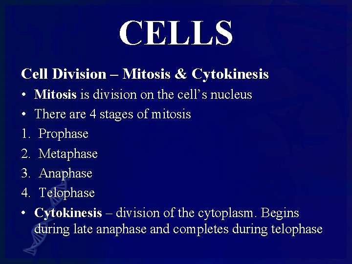 CELLS Cell Division – Mitosis & Cytokinesis • Mitosis is division on the cell’s