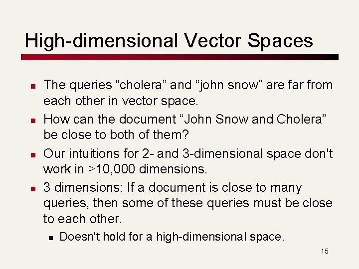 High-dimensional Vector Spaces n n The queries “cholera” and “john snow” are far from