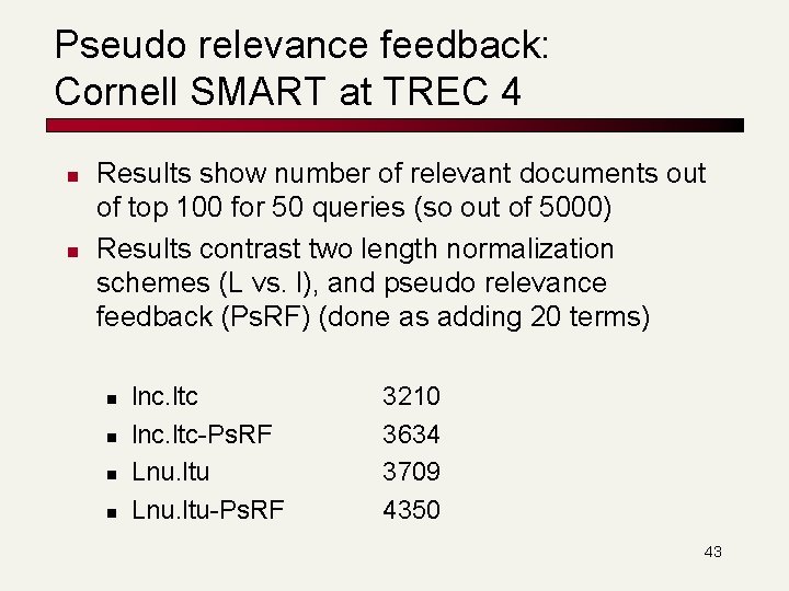 Pseudo relevance feedback: Cornell SMART at TREC 4 n n Results show number of