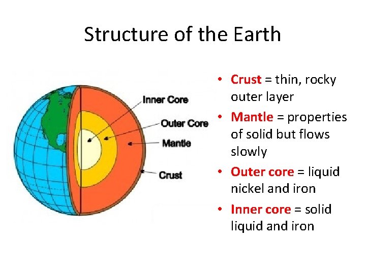 Structure of the Earth • Crust = thin, rocky outer layer • Mantle =