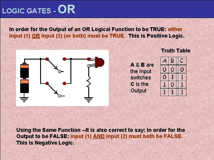 LOGIC GATES - OR In order for the Output of an OR Logical Function