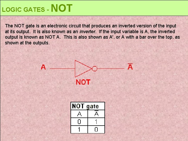 LOGIC GATES - NOT The NOT gate is an electronic circuit that produces an