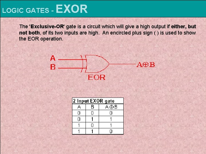 LOGIC GATES - EXOR The 'Exclusive-OR' gate is a circuit which will give a