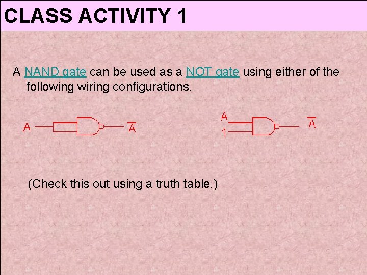 CLASS ACTIVITY 1 A NAND gate can be used as a NOT gate using