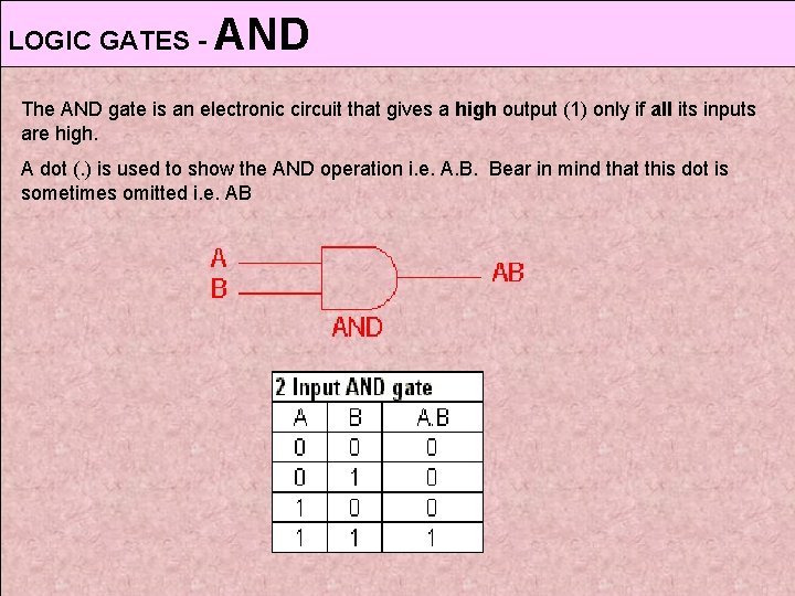 LOGIC GATES - AND The AND gate is an electronic circuit that gives a