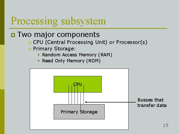 Processing subsystem p Two major components CPU (Central Processing Unit) or Processor(s) p Primary
