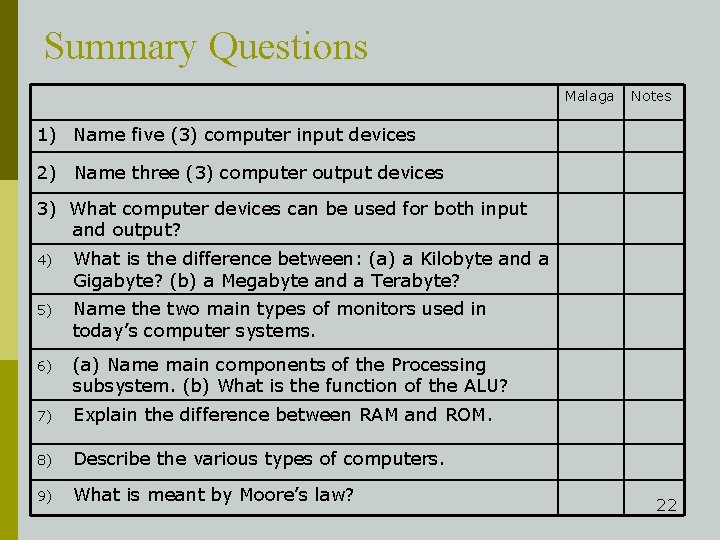 Summary Questions Malaga Notes 1) Name five (3) computer input devices 2) Name three