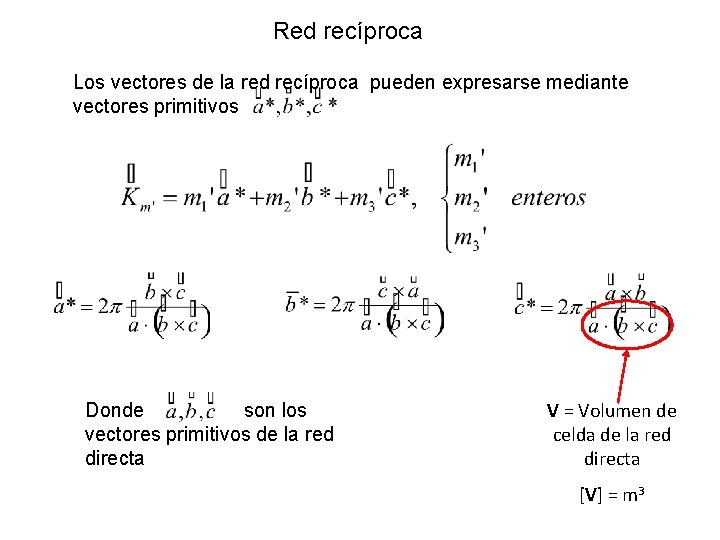 Red recíproca Los vectores de la red recíproca pueden expresarse mediante vectores primitivos Donde