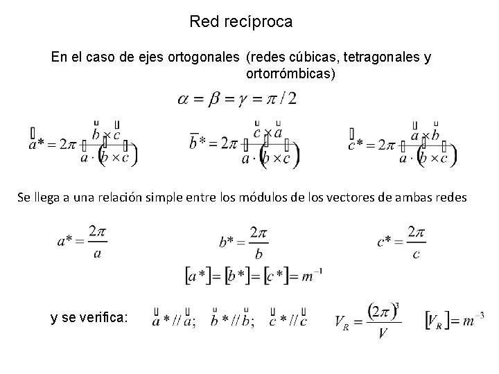 Red recíproca En el caso de ejes ortogonales (redes cúbicas, tetragonales y ortorrómbicas) Se