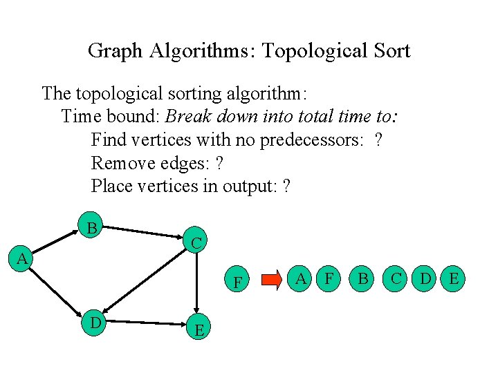 Graph Algorithms: Topological Sort The topological sorting algorithm: Time bound: Break down into total Graph Algorithms: Topological Sort The topological sorting algorithm: Time bound: Break down into total