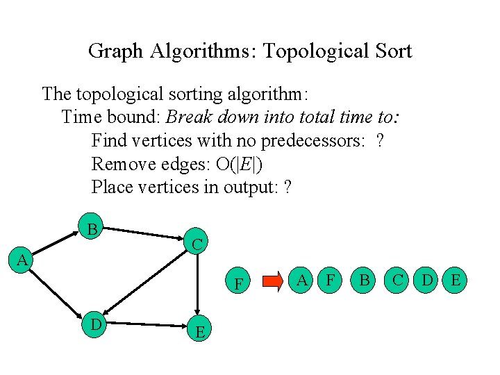 Graph Algorithms: Topological Sort The topological sorting algorithm: Time bound: Break down into total Graph Algorithms: Topological Sort The topological sorting algorithm: Time bound: Break down into total